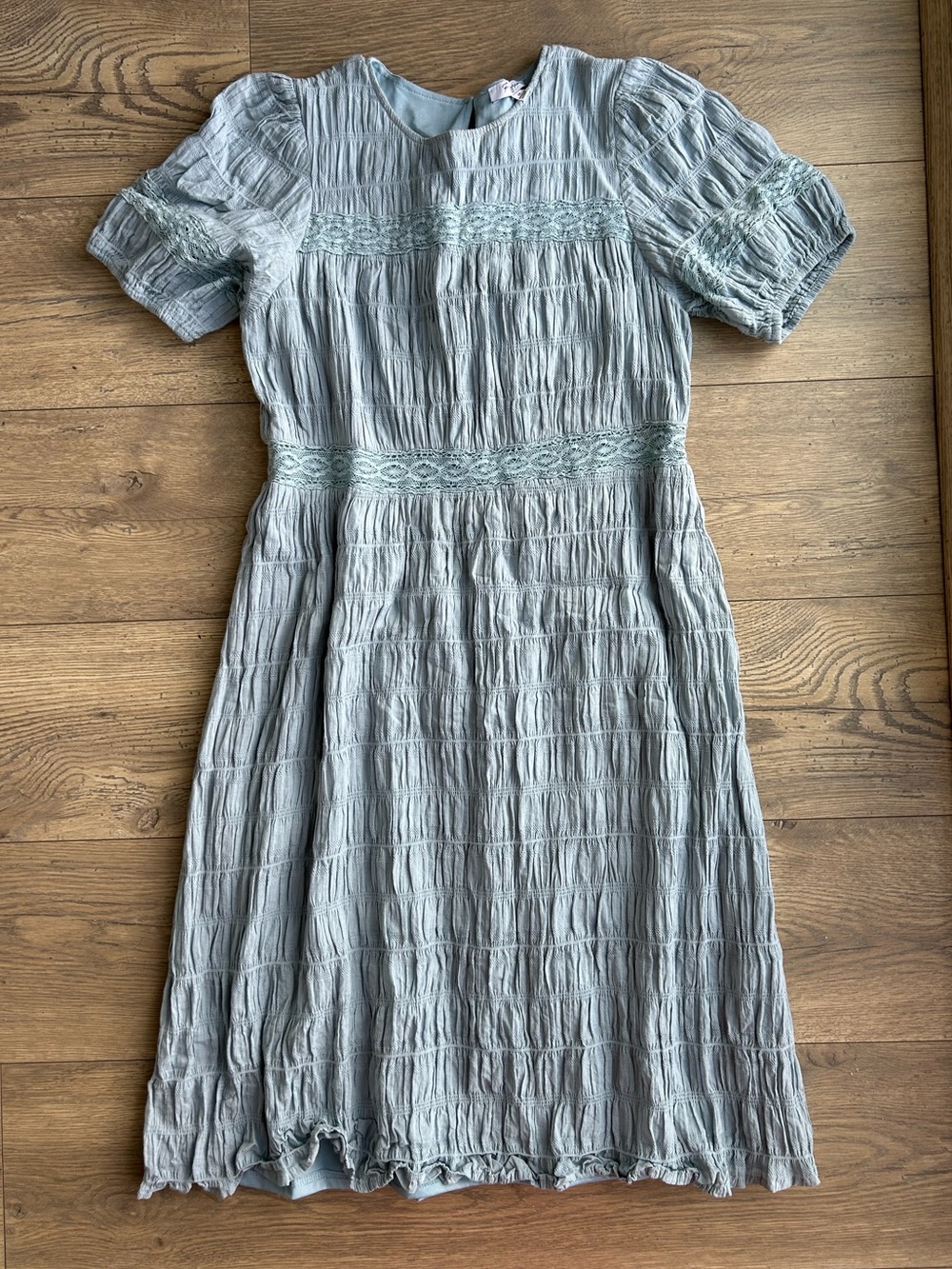 Polagram Light Blue Puff Sleeve Crinkle Midi Dress